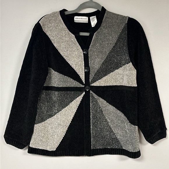 Cute Alfred Dunner chenille sweater, Petite, Black & Gray Geometric PXL, EUC - Picture 1 of 6